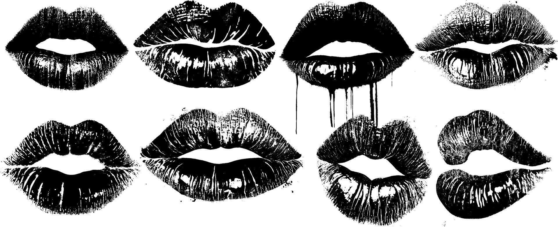set of black lipstick kiss marks. Grunge silhouette of seductive female lips. Isolated graphic art on white background for makeup, beauty or erotic design. vector