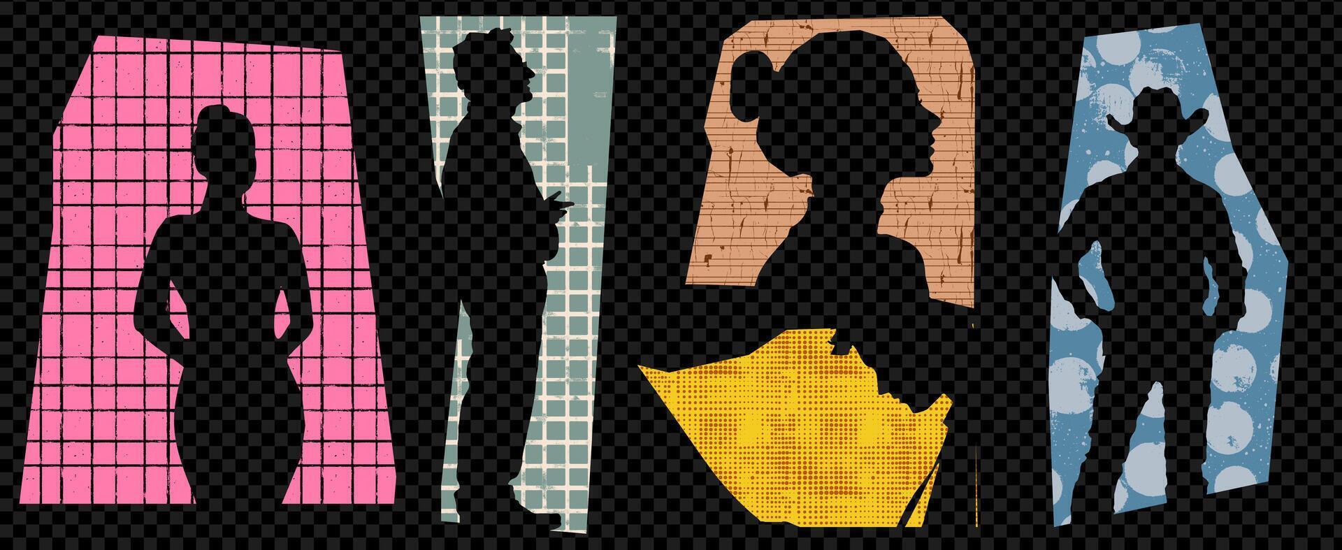 Silhouette collage of cowboy man and woman. Abstract texture with diverse people pattern. Colorful background featuring textured paper elements, creative design at the transparent bg as a . vector