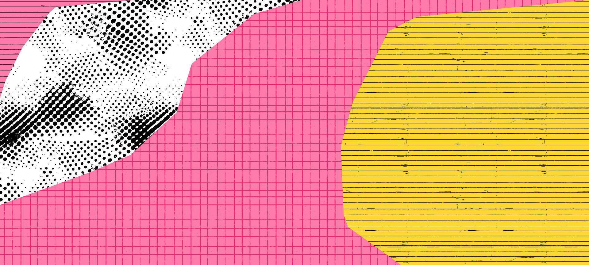 Halftone checkered line paper texture background. Patterned dot grid with vintage grain effect. Yellow and pink rough overlay for notebook or memo design. vector