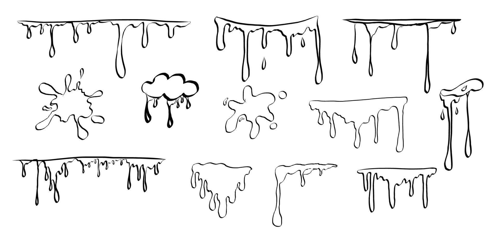 Paint drip splatter, liquid stain fluid ink droplet. Graffiti splash black melt. Paint flows, melt spray border. vector