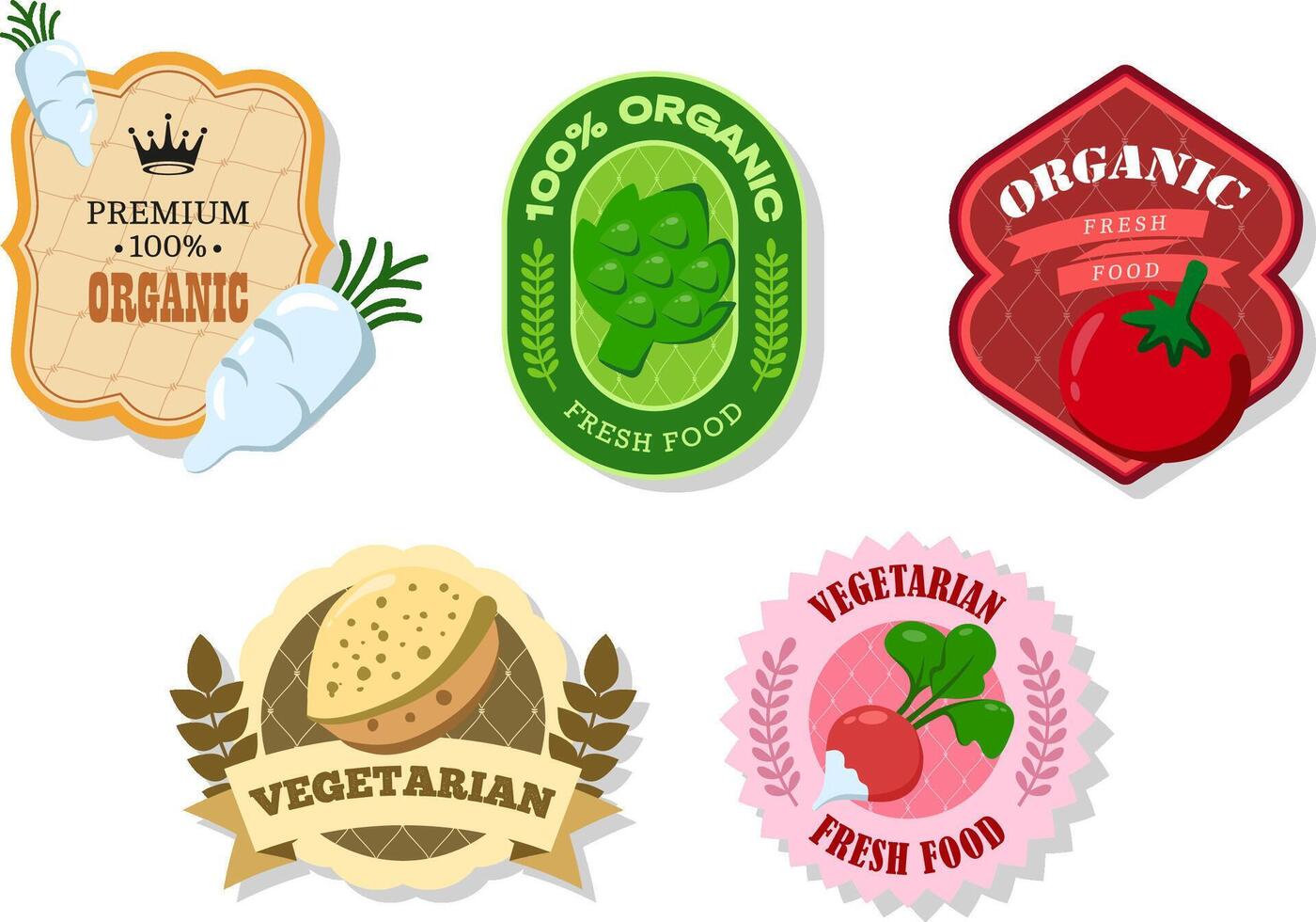 Different retro vegetables banner and labels. Packaging tags with daikon, tomato, radish, almond, artichoke. Set of seasonal vegetables labels stickers and marks or badges template for packaging vector
