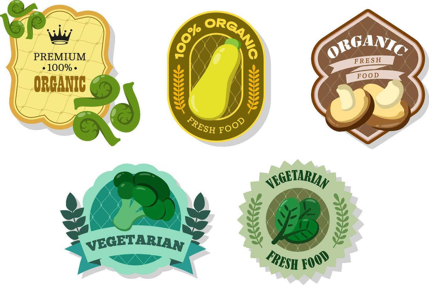 Different retro vegetables banner and labels. Packaging tags with shiitake, Fiddleheads, zucchini, spinach, broccoli. Set of seasonal vegetables labels stickers and marks template for packaging vector