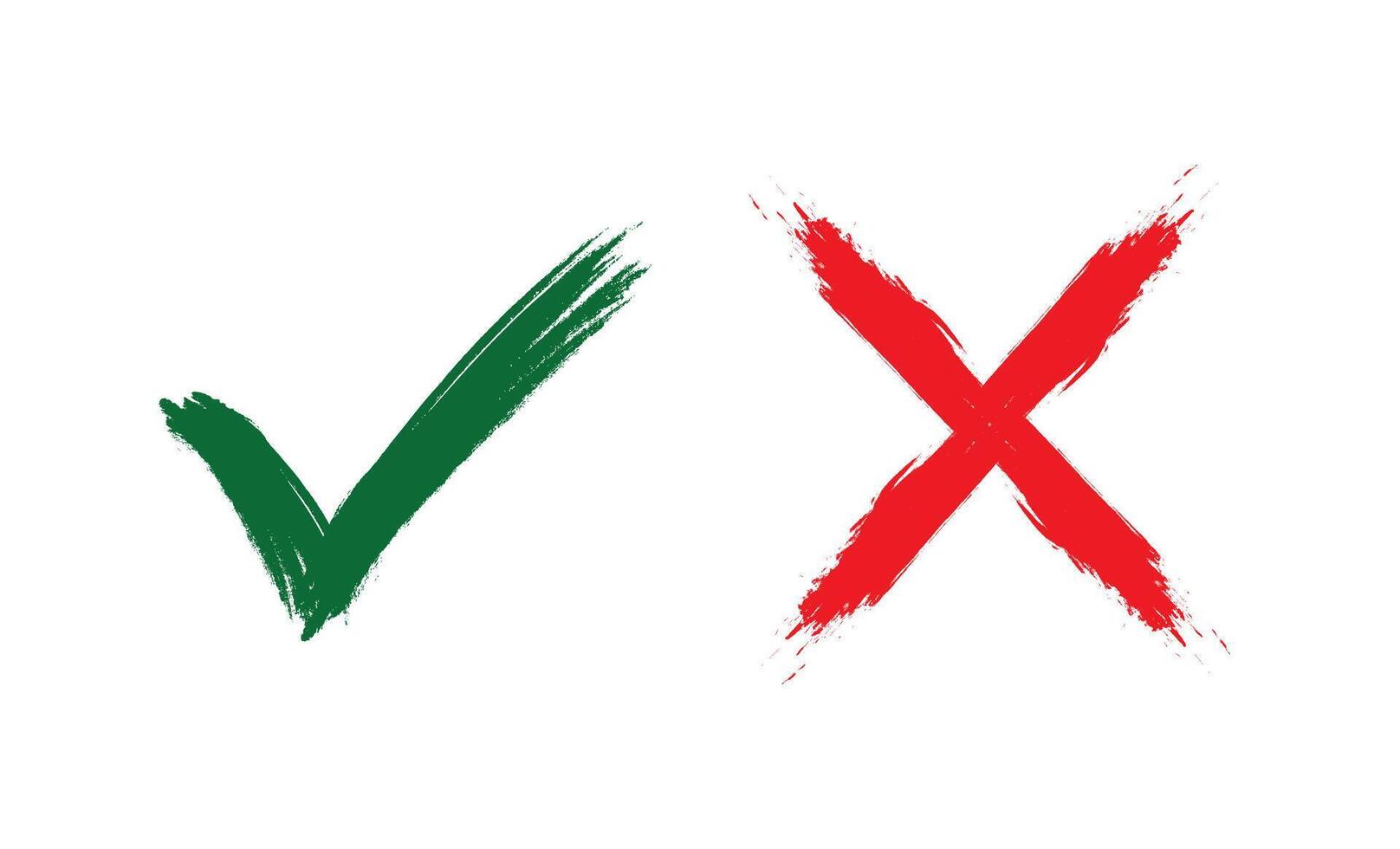 Colorful Brushstroke Checkmark and Cross Symbols. Green tick and red cross brush signs. vector