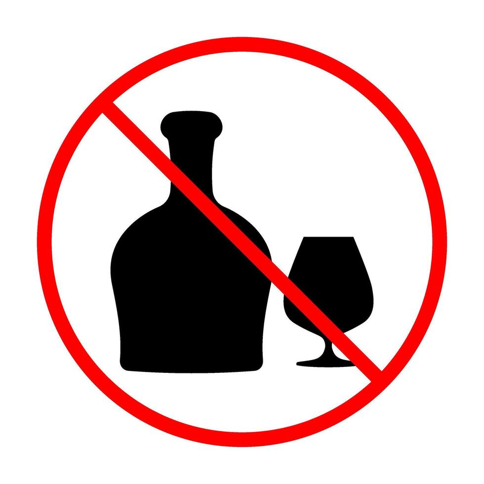Prohibited alcohol consumption sign. illustration of bottle of cognac and glass with red prohibition circle and slash, symbolizing no drinking allowed vector