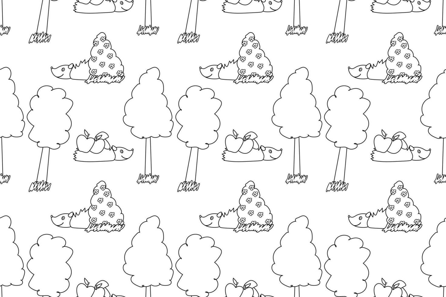 Seamless black and white pattern featuring hedgehogs carrying apples, trees, and flower bushes. Perfect for coloring books. vector