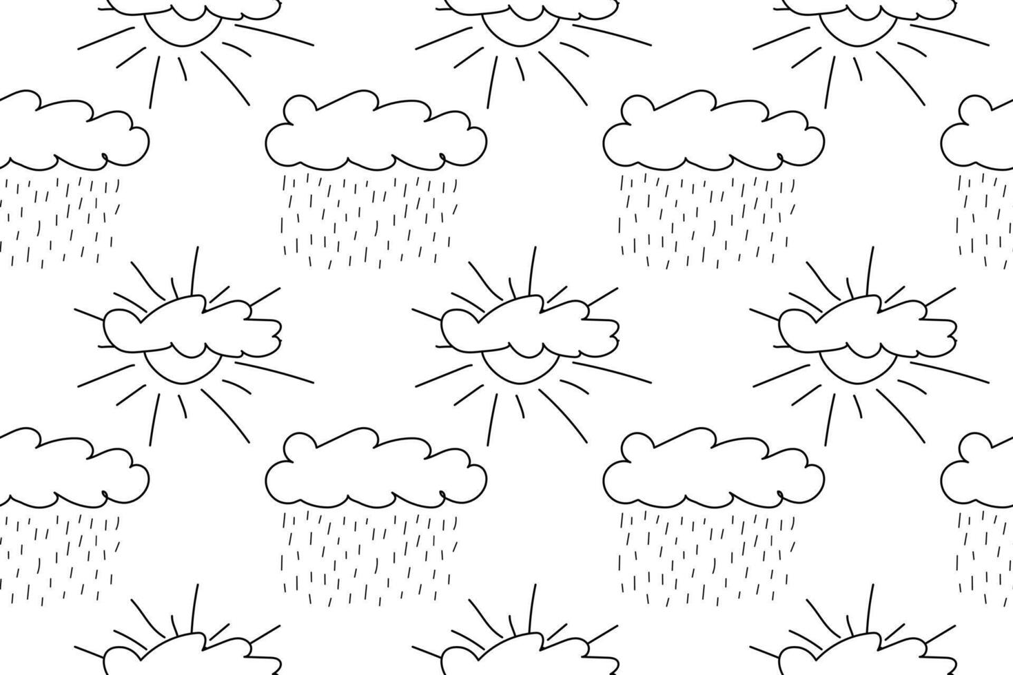 Seamless black and white pattern featuring clouds with rain and sun rays. Perfect for creative coloring book pages. vector