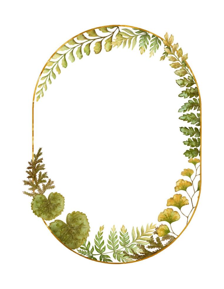 Elliptical frame with fern leaves botanical card template in earth tone. Hand drawn watercolor floral element with thin gold. Perfect for the use of ecological material and modern designs. vector