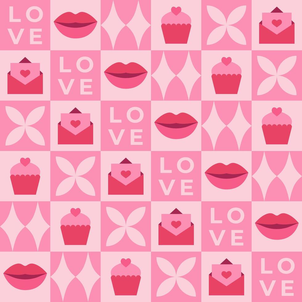 Valentine's day seamless pattern with pink elements and squares. Template for Valentine holiday design vector