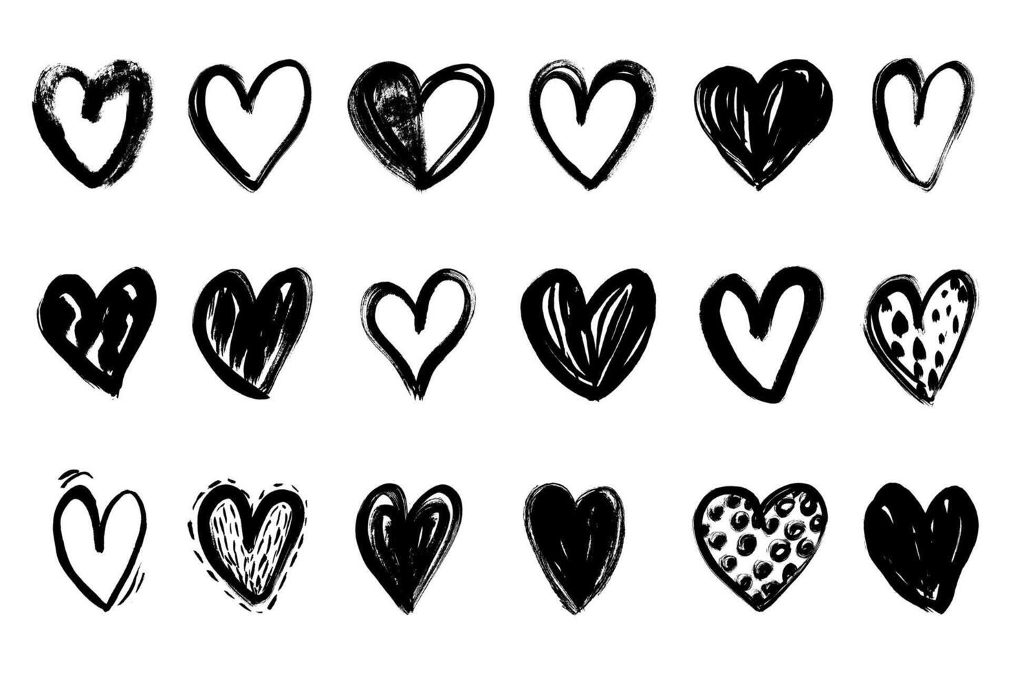 Grunge hearts icons. scribble ink grunge heart shapes icons drawn with markers set vector