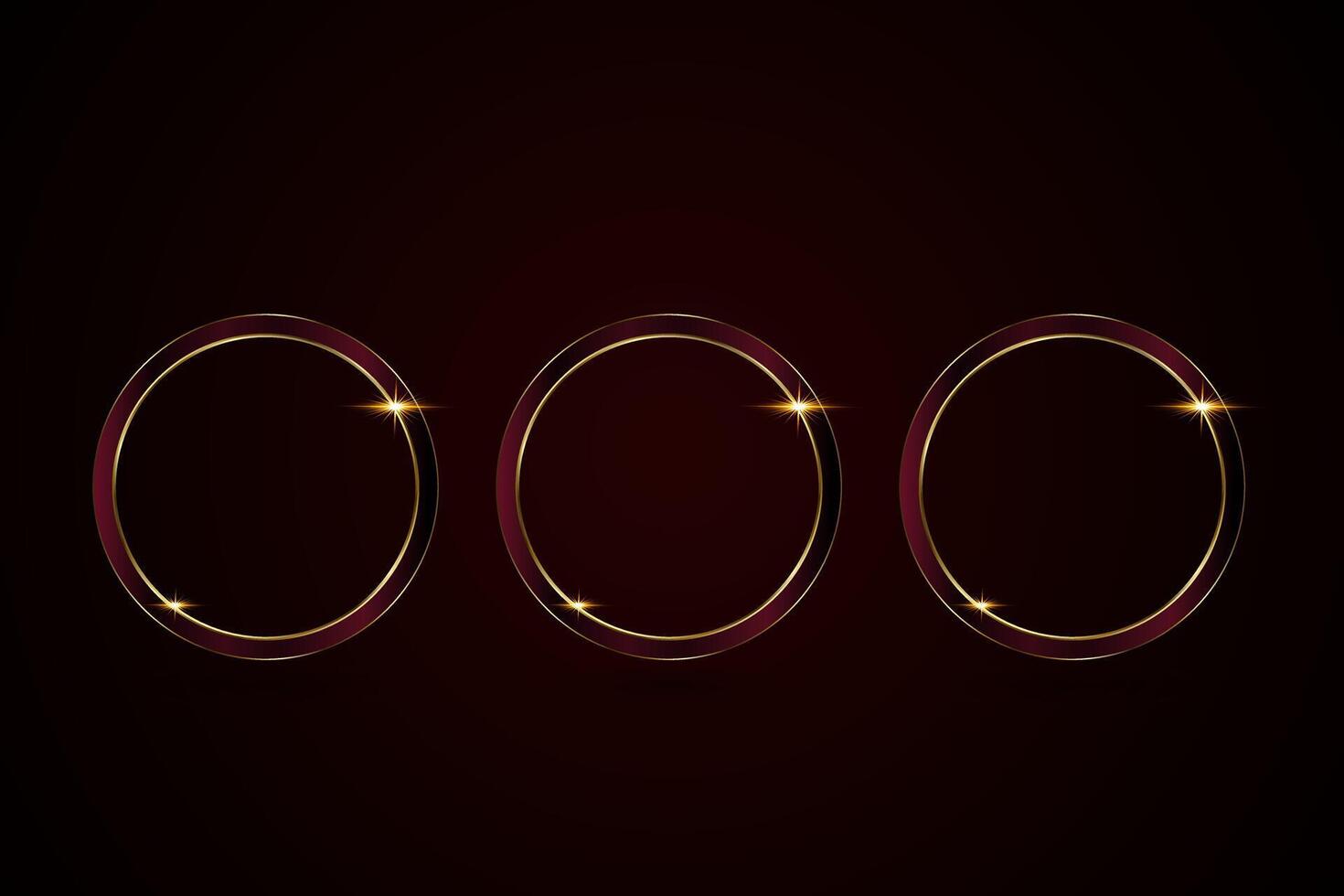 Three premium, luxury metal circle frames realistic illustration. group of thre Glod medal button isolated on black background. enclosed by a shiny gold metallic border vector