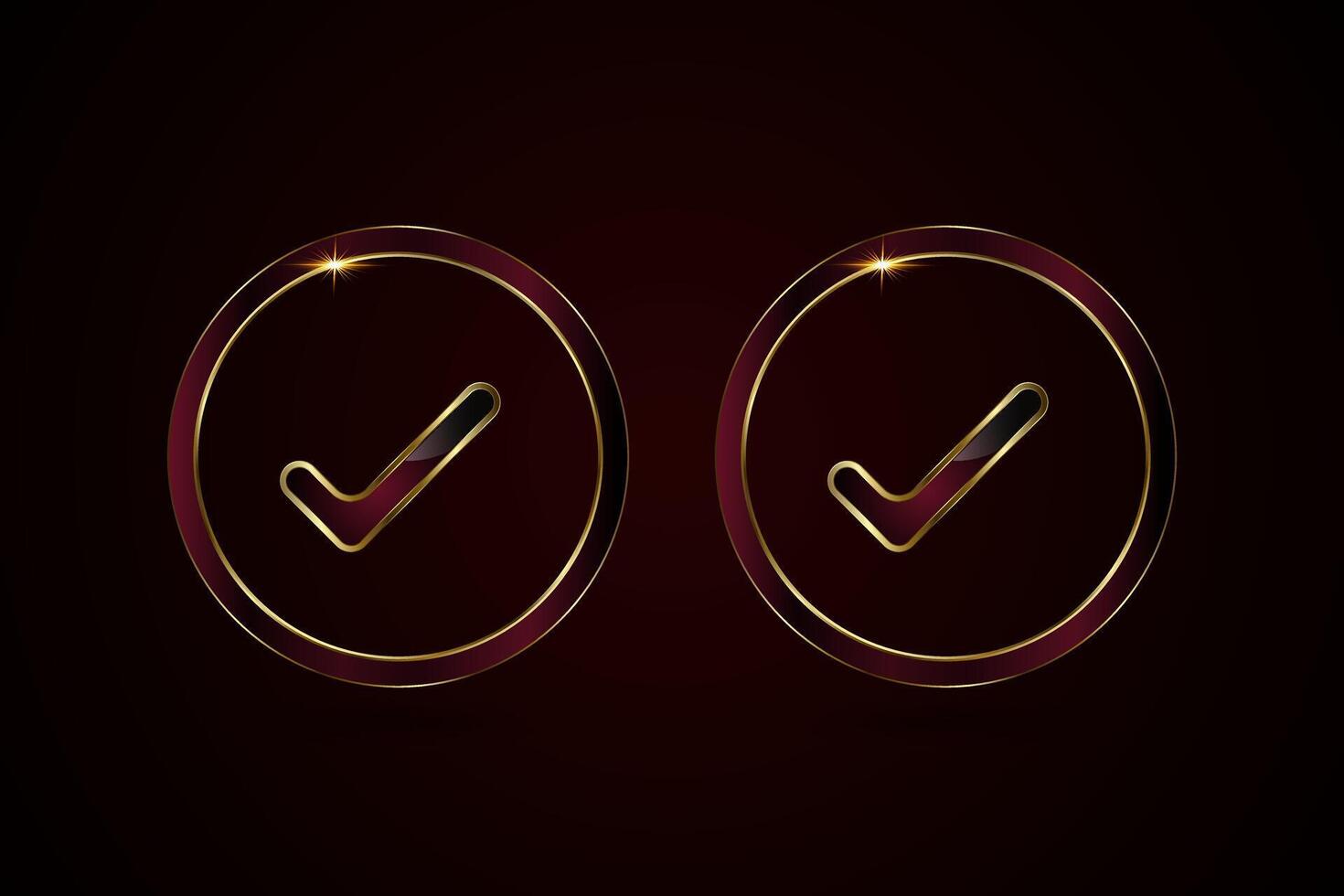Two elegant golden checkmarks, each enclosed in a glossy circular frame. The frames feature a gradient of deep burgundy and black, accented with a subtle sparkle at the top vector