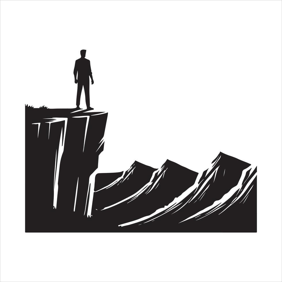 A man standing on a cliff looking at the sunset silhouette white background vector