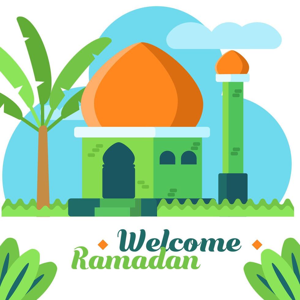 Flat illustration mosque and cloud, welcome ramadan kareem vector