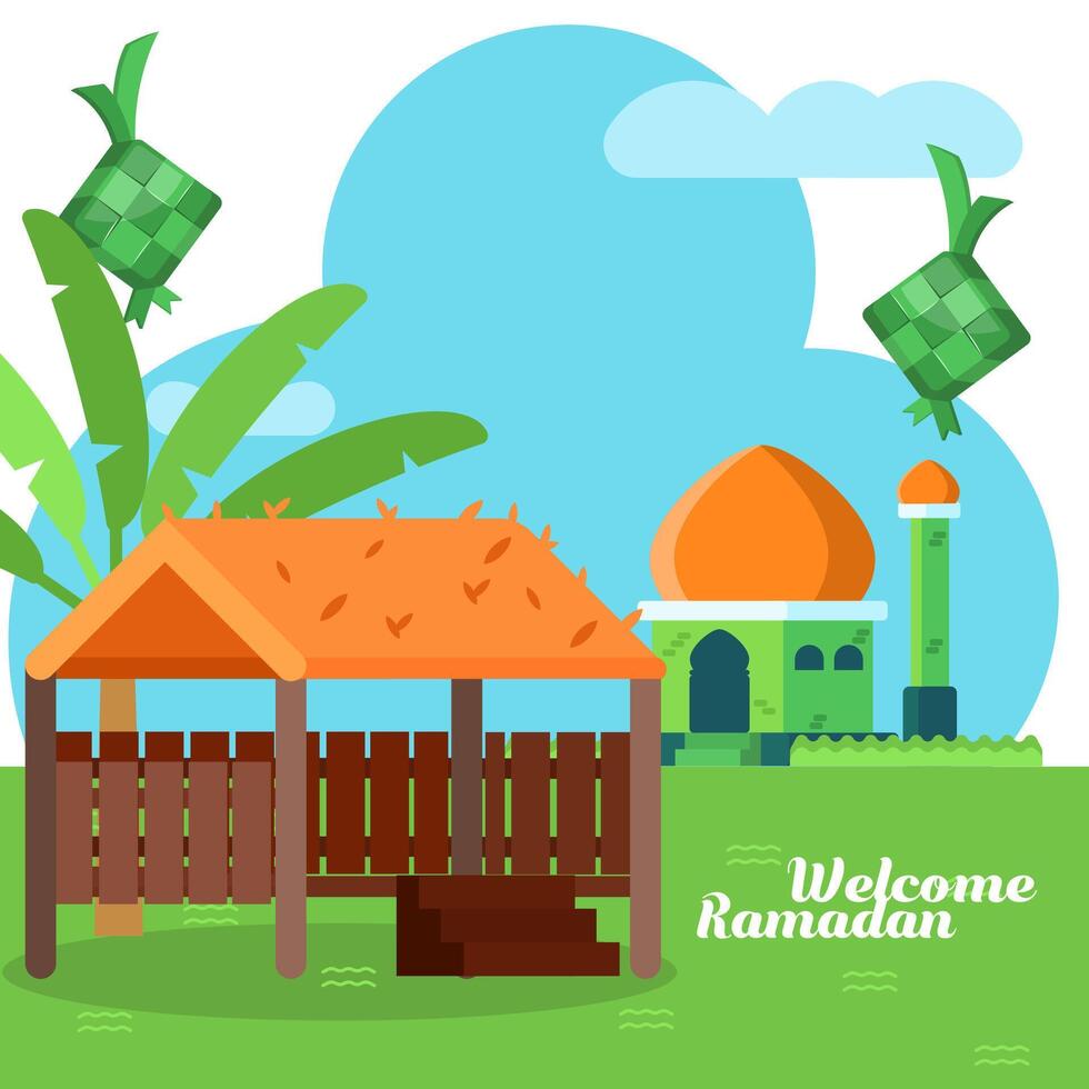 Flat illustration welcome ramadan with mosque and shack vector