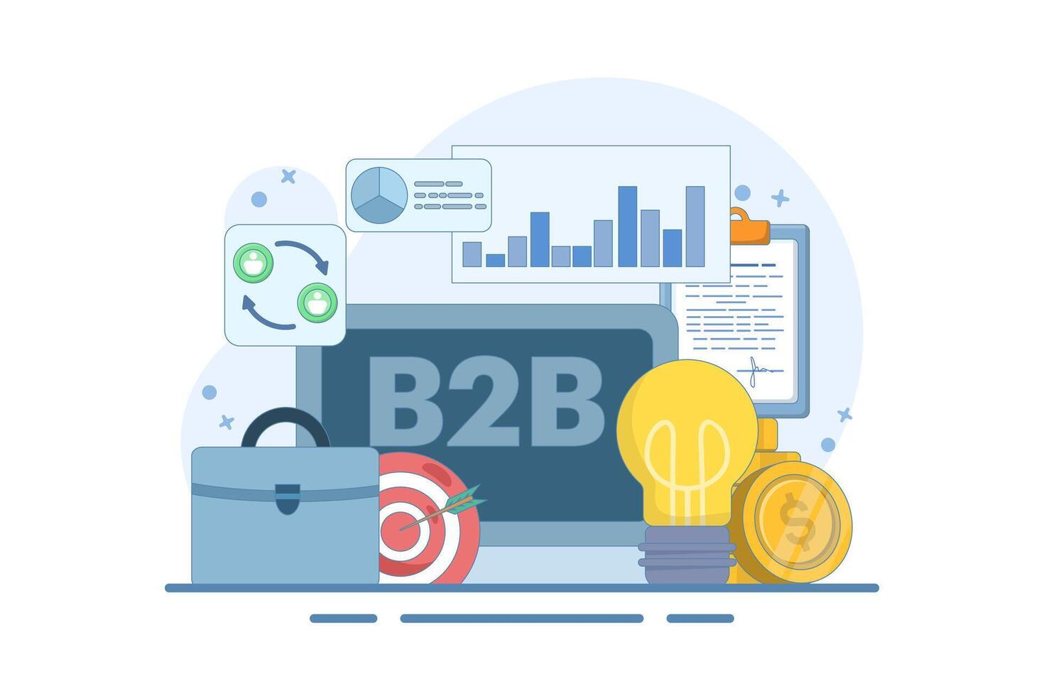Online business concept between businesses. Successful business collaboration. Businessmen making deals. Marketing strategy, trade. Modern flat cartoon. Flat design illustration on background vector