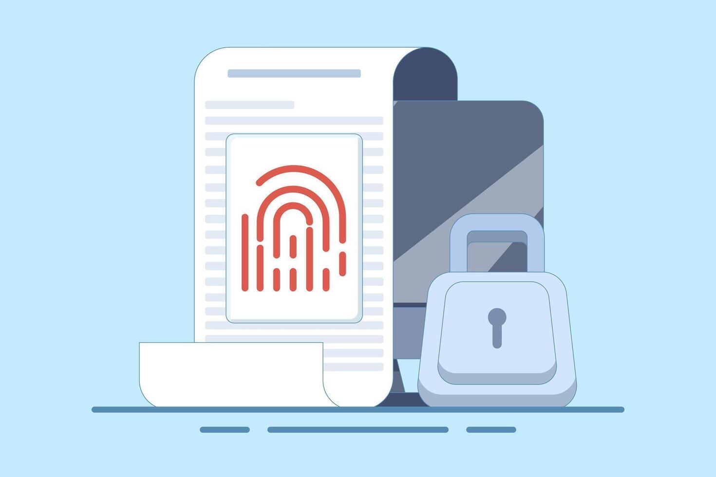 Secure or private confidential data files, Security protection through fingerprint or fingerprint on documents on the device, fingerprint access privacy identification. Flat illustration vector