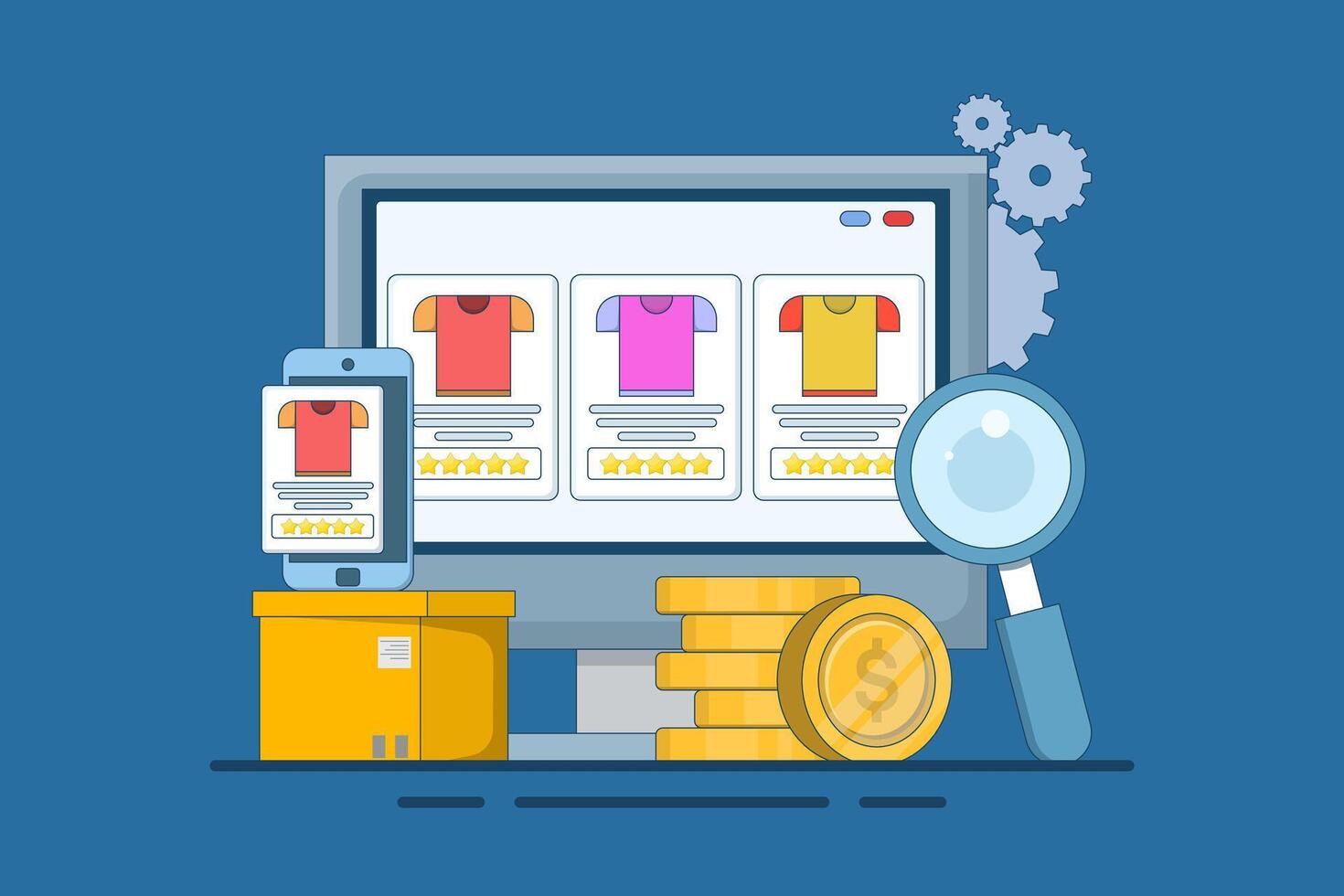 E-commerce business platform concept, e-commerce SEO strategy, online store promotion. Online shopping, e-commerce platform, digital marketing. Flat design illustration vector