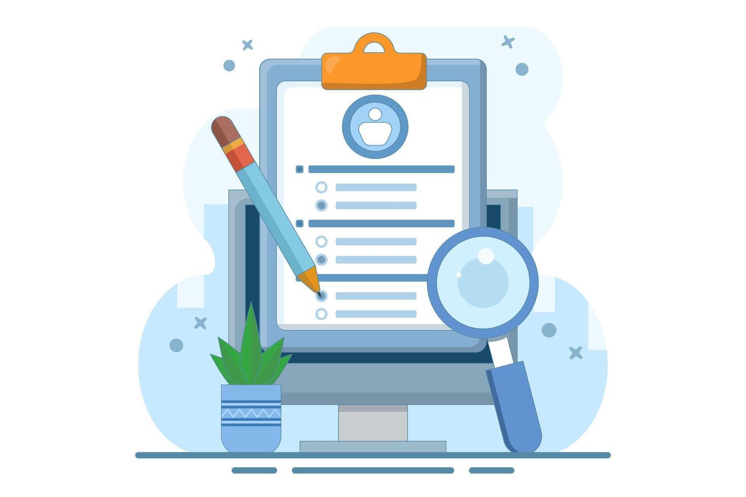 questionnaire concept. questions and answers. device with survey form using pencil Filling or answering survey or questionnaire. flat illustration on background. vector