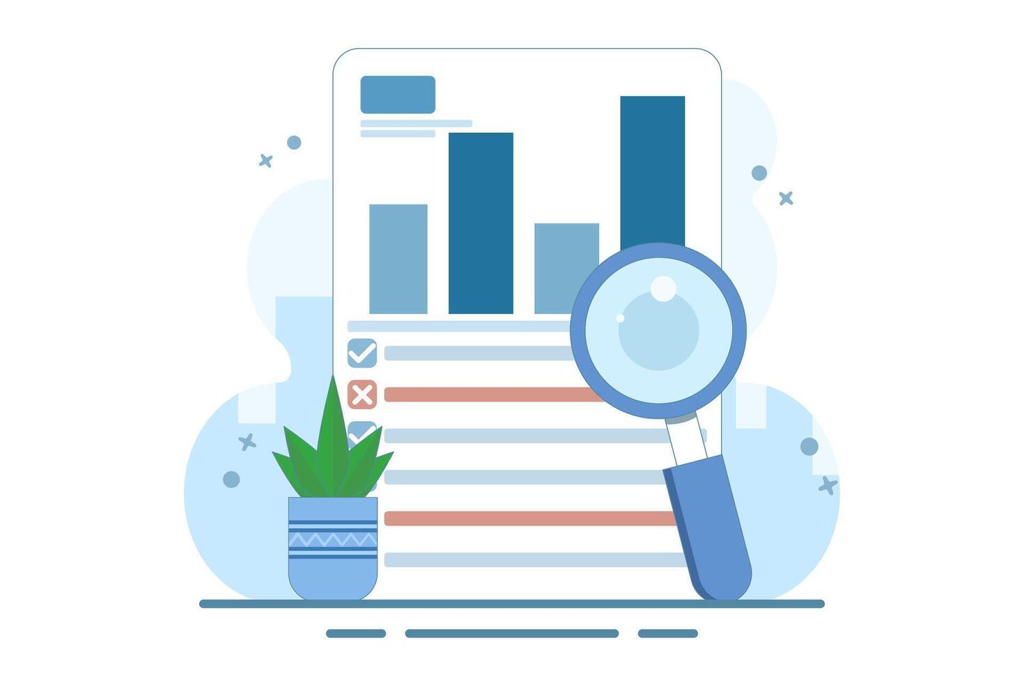 Financial Statement Analysis Concept, data analysis on business report and investment monitoring dashboard. Business Financial Flowchart Report with Magnifying Glass. Design Illustration. vector