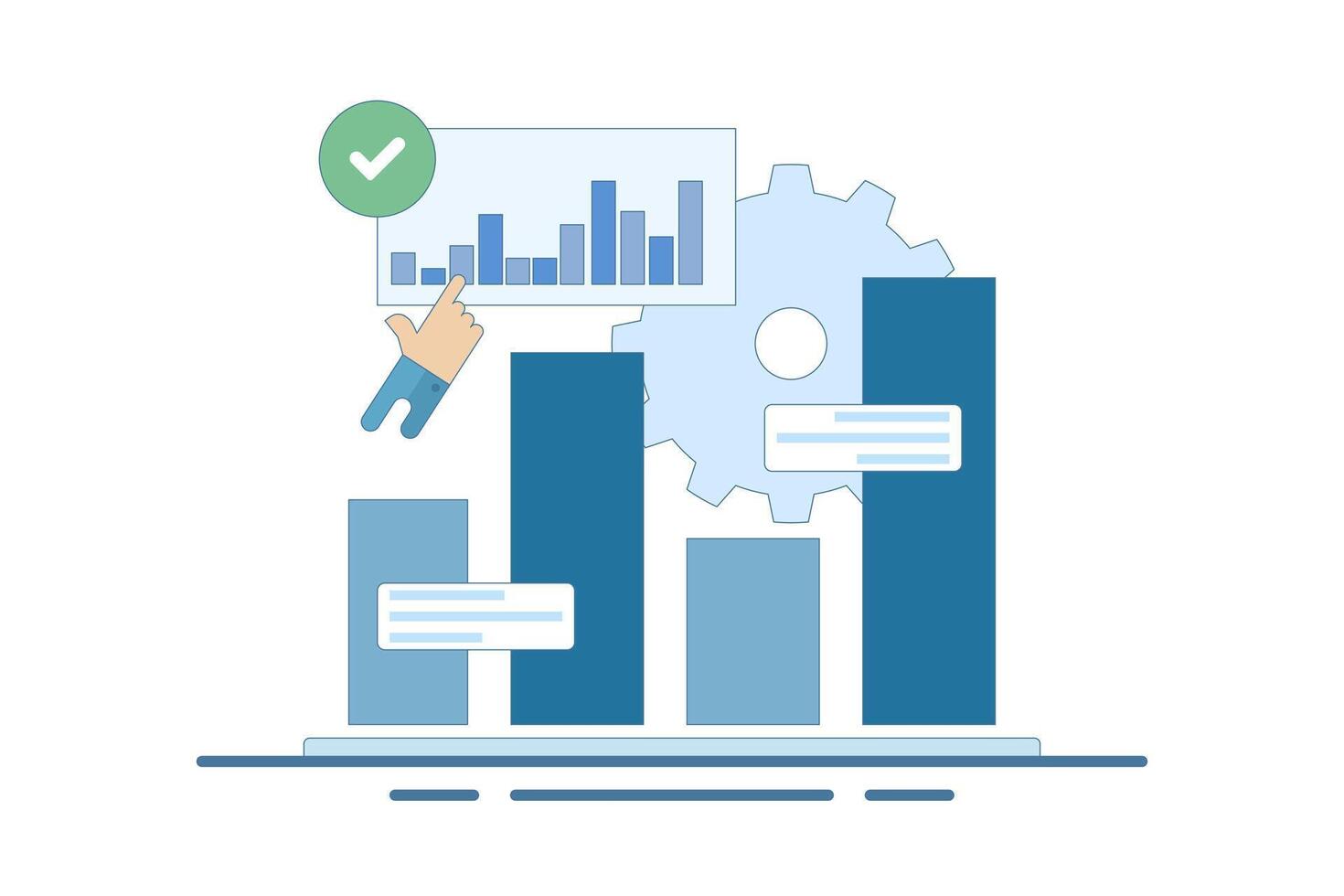 Analyzing diagram and graph concepts. Planning business strategies and managing data and finances. Researching data analysis. Infographics and charts on dashboards. Flat design illustrations. vector