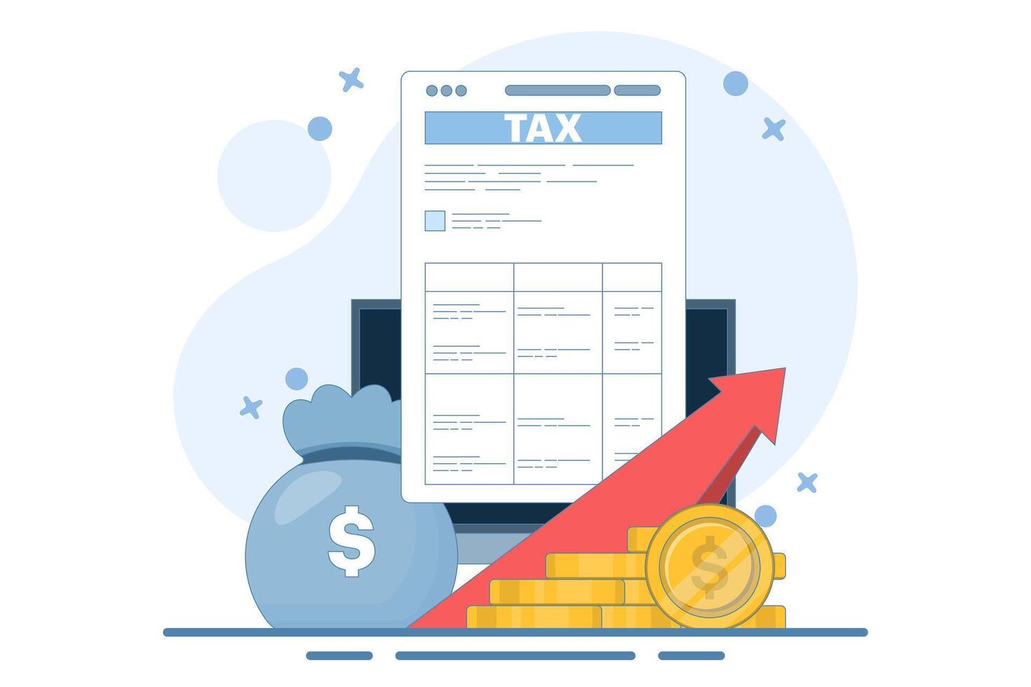 Tax Document Concept with Stack of Gold Coins. Taxable Income Concept Design that is Increasing. taxation, tax forms or paper legal documents, business and finance. Flat design illustration. vector