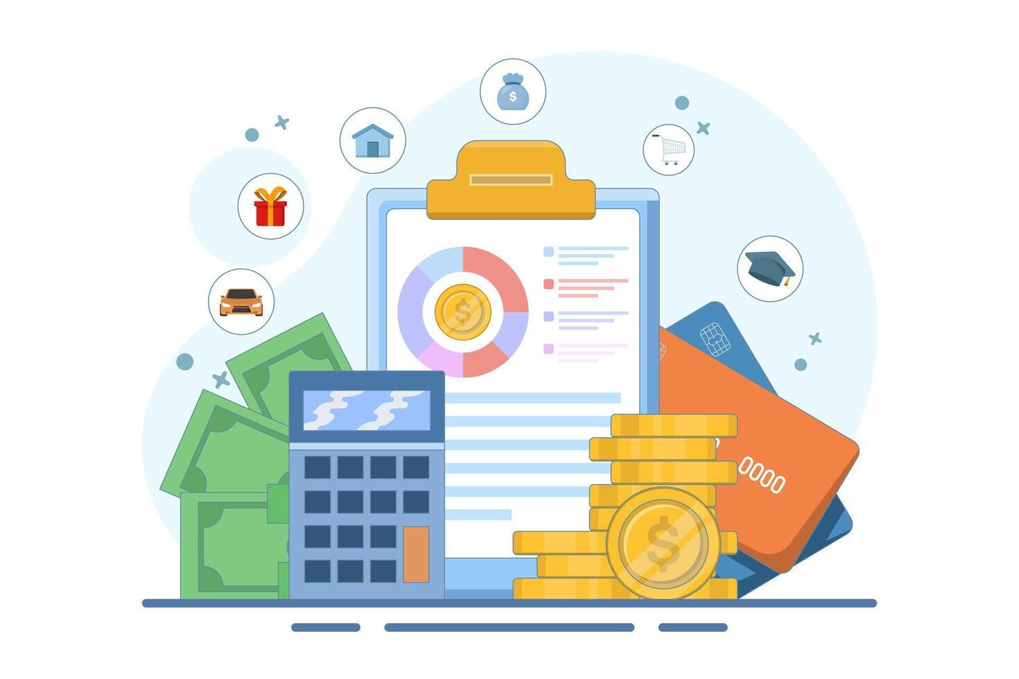 Budget management concept. Personal financial control. Cash flow. Personal budget planning. Budget plan. Modern flat cartoon style. Illustration on the background. vector