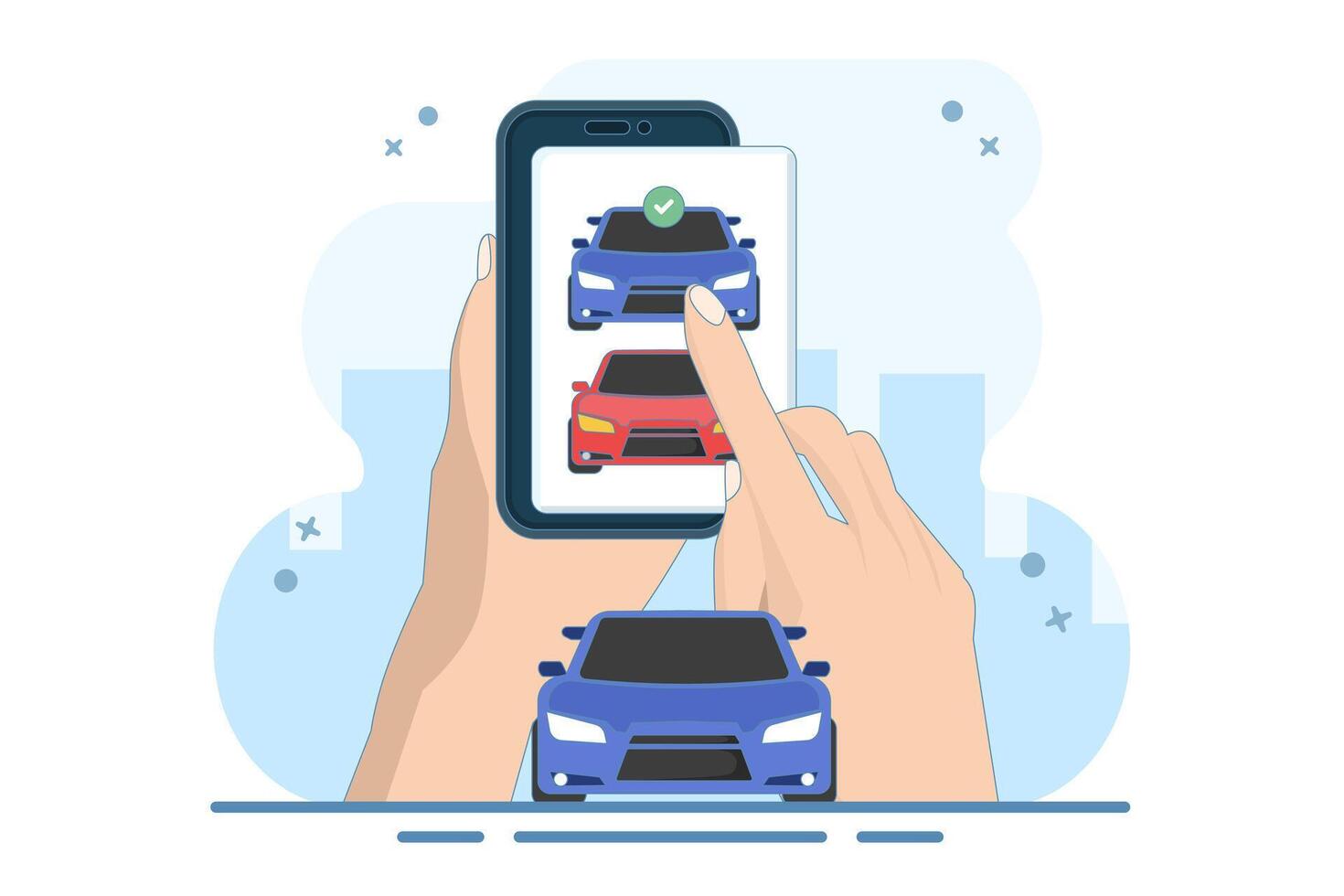Concept of online car buying website or car rental shop comparing websites via internet by choosing car on digital tablet computer, buy and sell web store. Flat design illustration on background vector