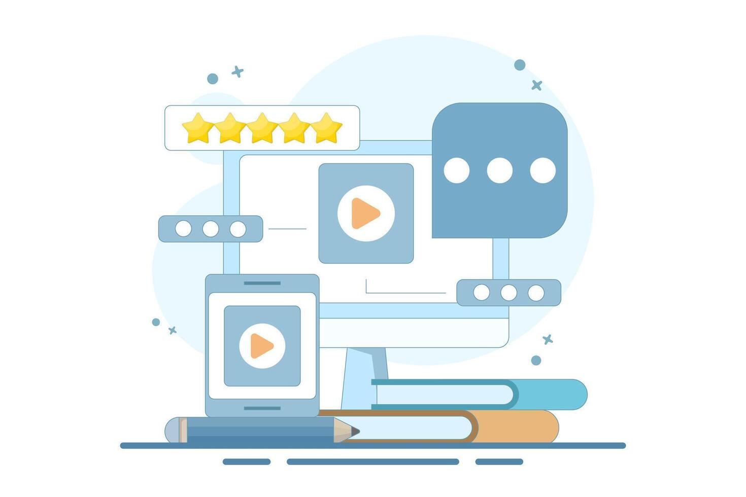 Distance learning and online education concept. Online self-study on internet education platform. Student talking to teacher. Course review. Flat Illustration. vector