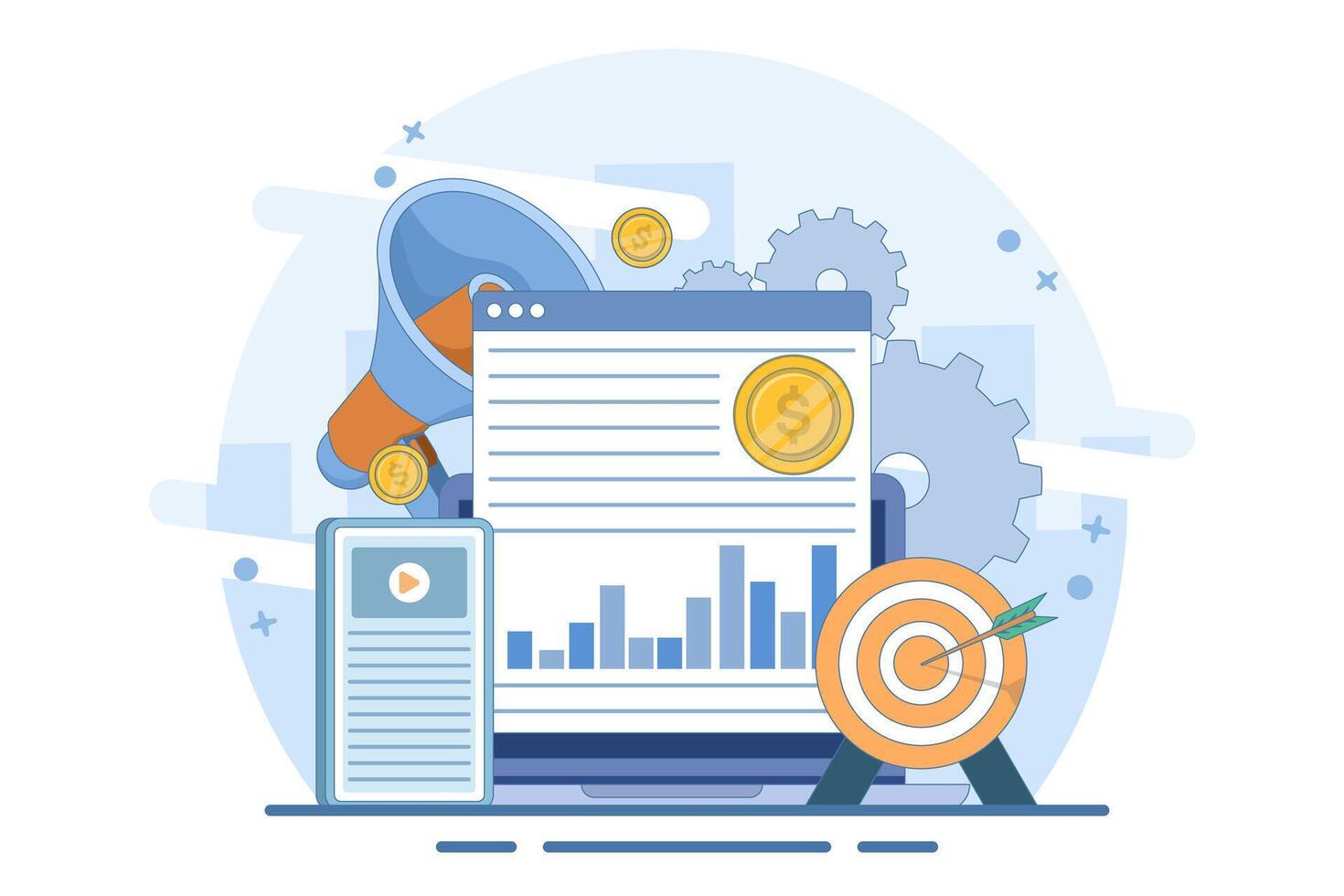 Digital online marketing concept for business and social media marketing, content marketing, website, viral, SEO, keywords, advertising and internet marketing. Infographic flat illustration. vector