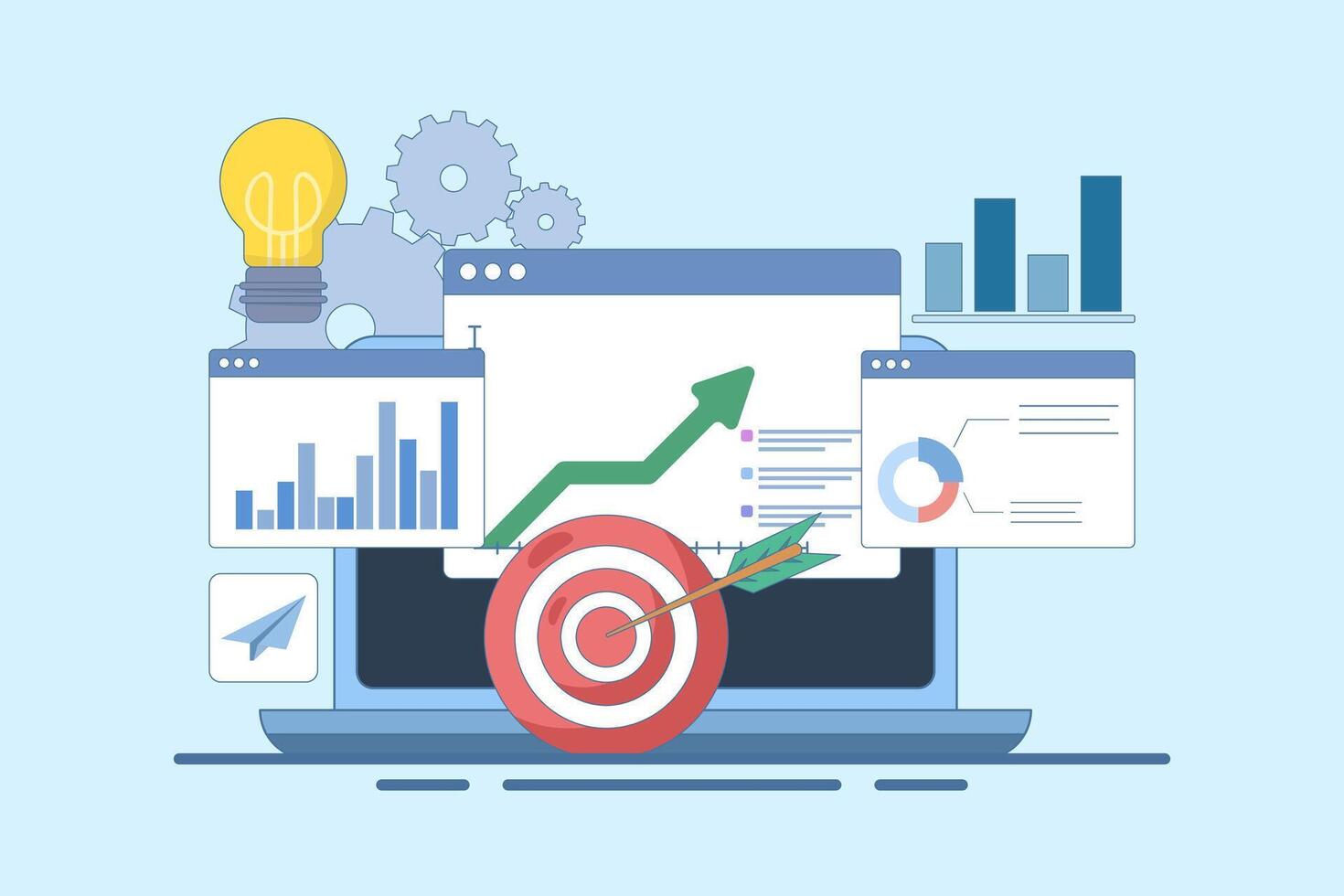 Business Chart Report on Laptop and Target Arrow. Analyst analyzing financial charts and graphs. Business Marketing Dashboard Concept. Profit optimization. Flat design illustration on background vector