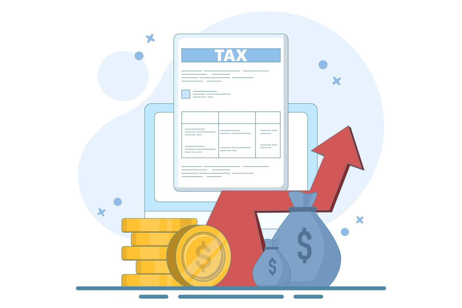 Tax Document Concept with Stack of Gold Coins. Taxable Income Concept Design that is Increasing. taxation, tax forms or paper legal documents, business and finance. Design illustration. vector