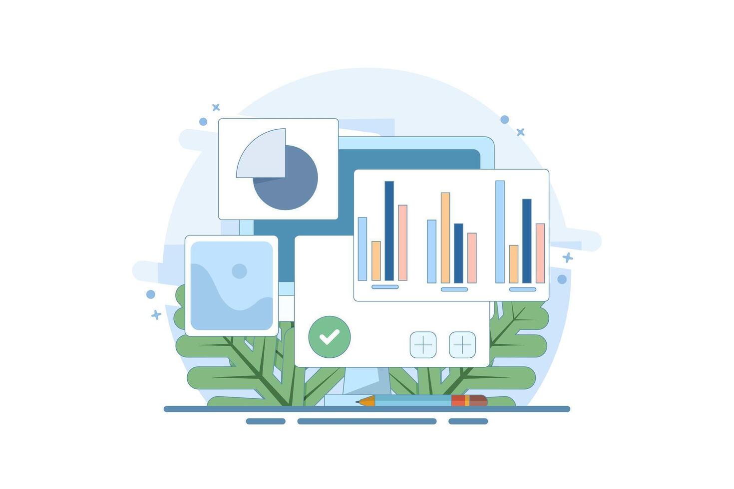 Financial Statement Analysis Concept, data analysis on business report and investment monitoring dashboard. Business Financial Flowchart Report with Magnifying Glass. Flat Design illustration vector