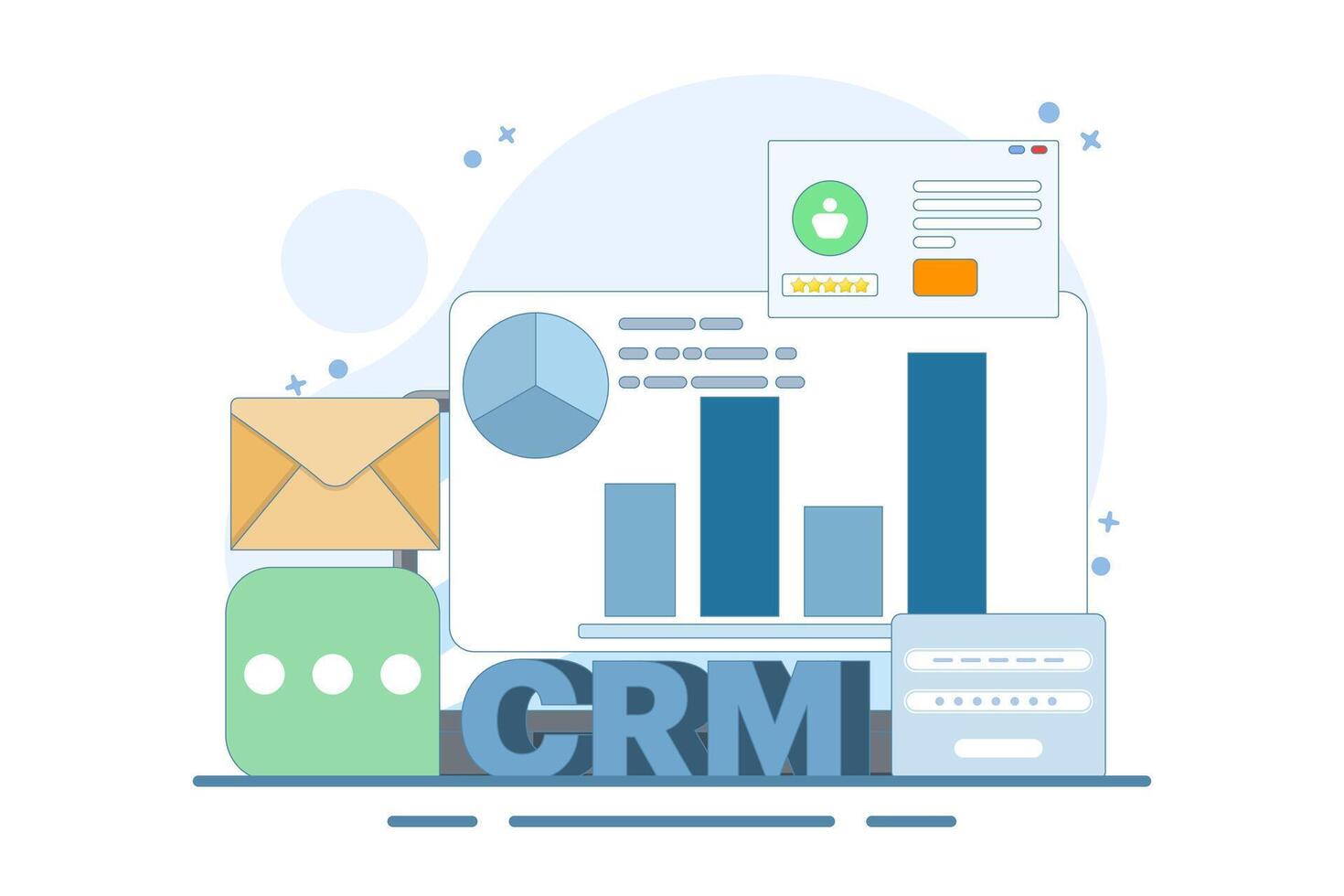 CRM concept for business, customer relationship management. Business uses CRM software to manage customers, Business analytics, CRM technology, flat design illustration of icons vector