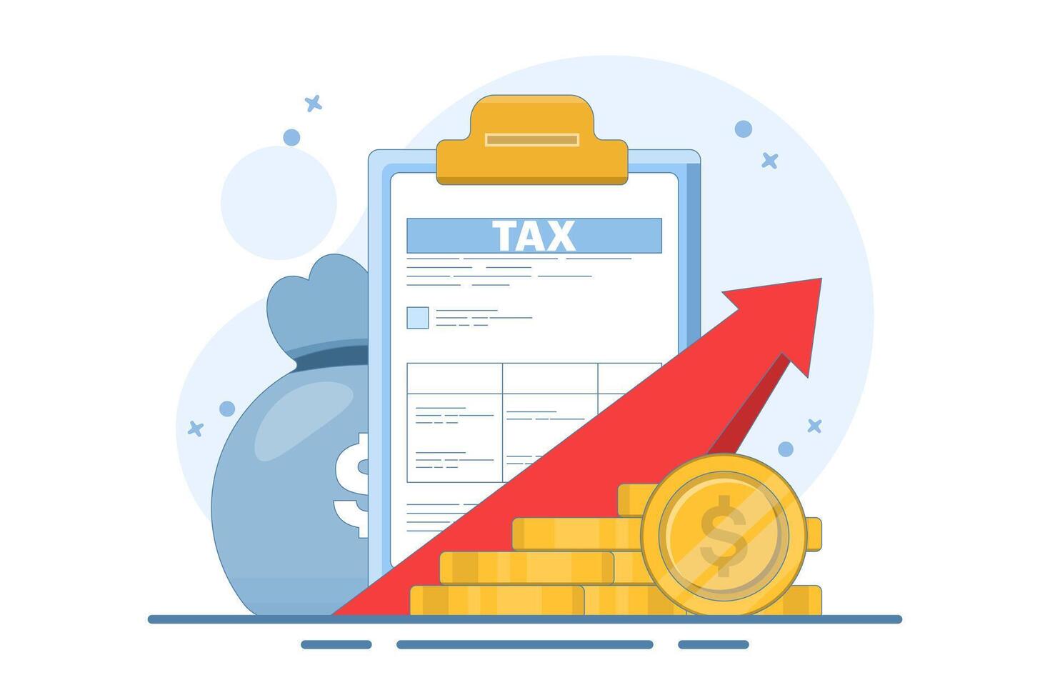 Tax Document Concept with Stack of Gold Coins. Taxable Income Concept Design that is Increasing. taxation, tax forms or legal documents, business and finance. Flat design illustration on background. vector