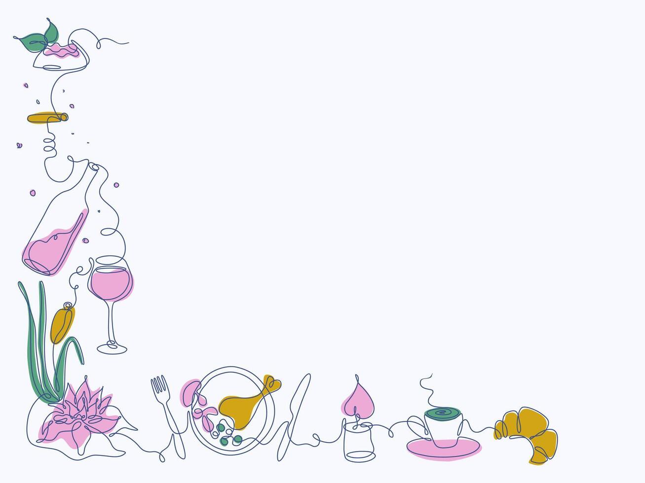 Food and drink theme line art style background. Horizontal still life with attributes of festive dinner. Delicious dishes and drinks, candle, flower. Hand drawn illustration. vector