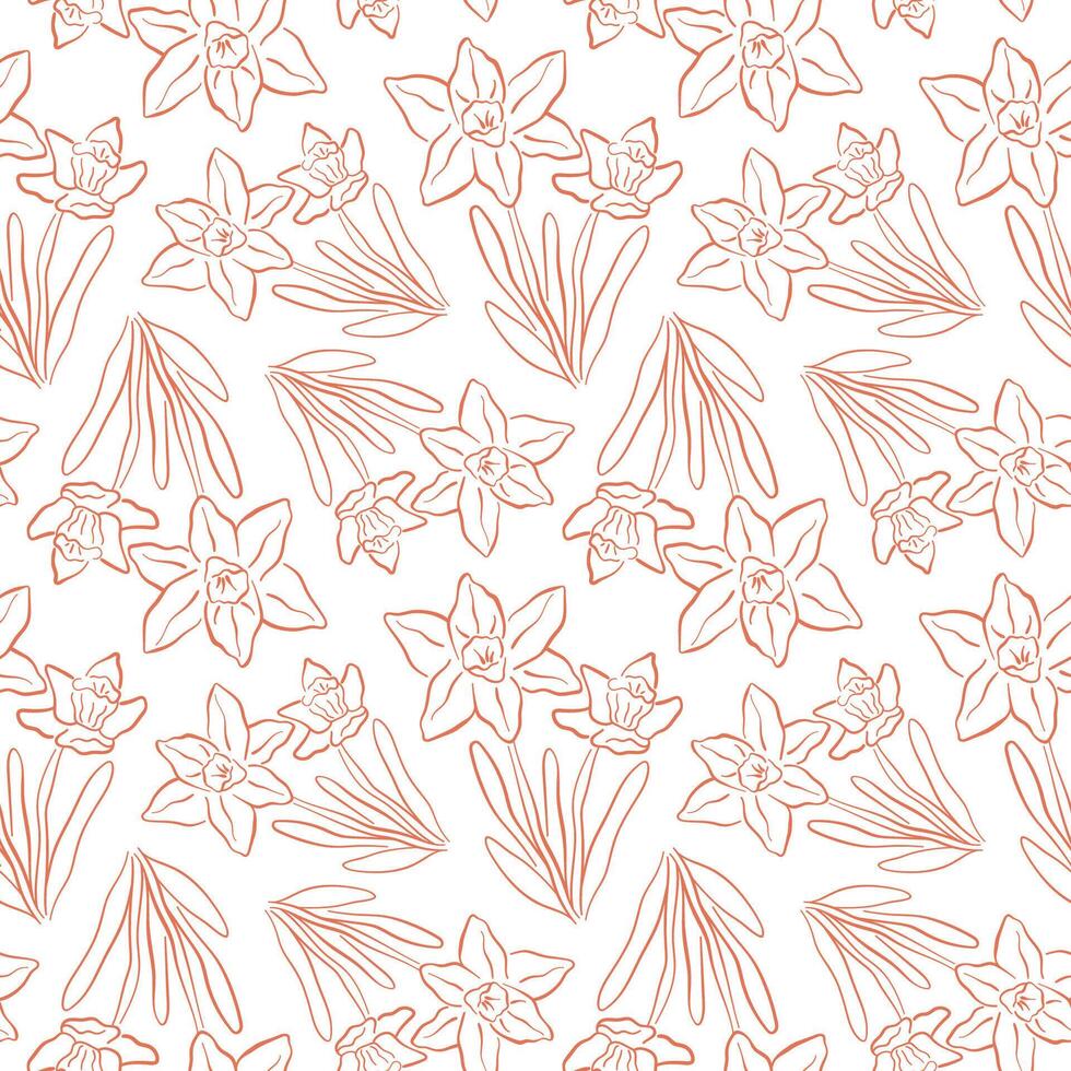 Seamless line pattern with daffodil flowers and leaves in a line art style. Perfect for spring themed design, textile, wallpaper and background. vector