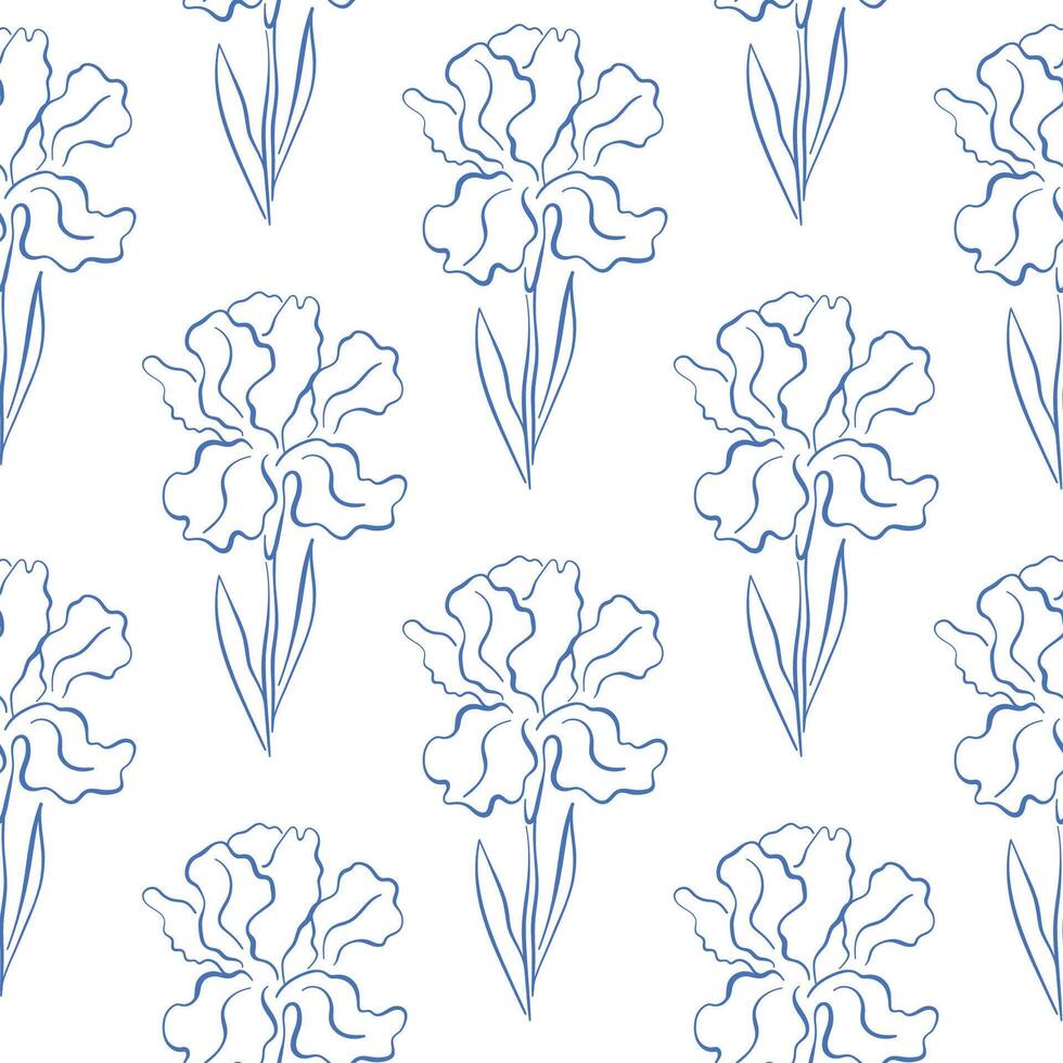 Elegant seamless line art pattern with iris flowers and leaves in a minimalistic style. Ideal for textile design, wallpaper, packaging and spring background. vector