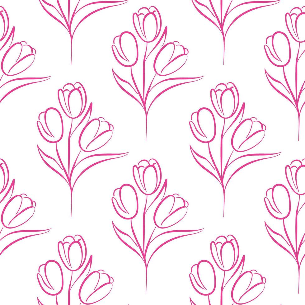 Seamless pattern with pink tulip flower in line art style. Floral background for textile, wall art, fabric, wedding invitation, cover design. vector