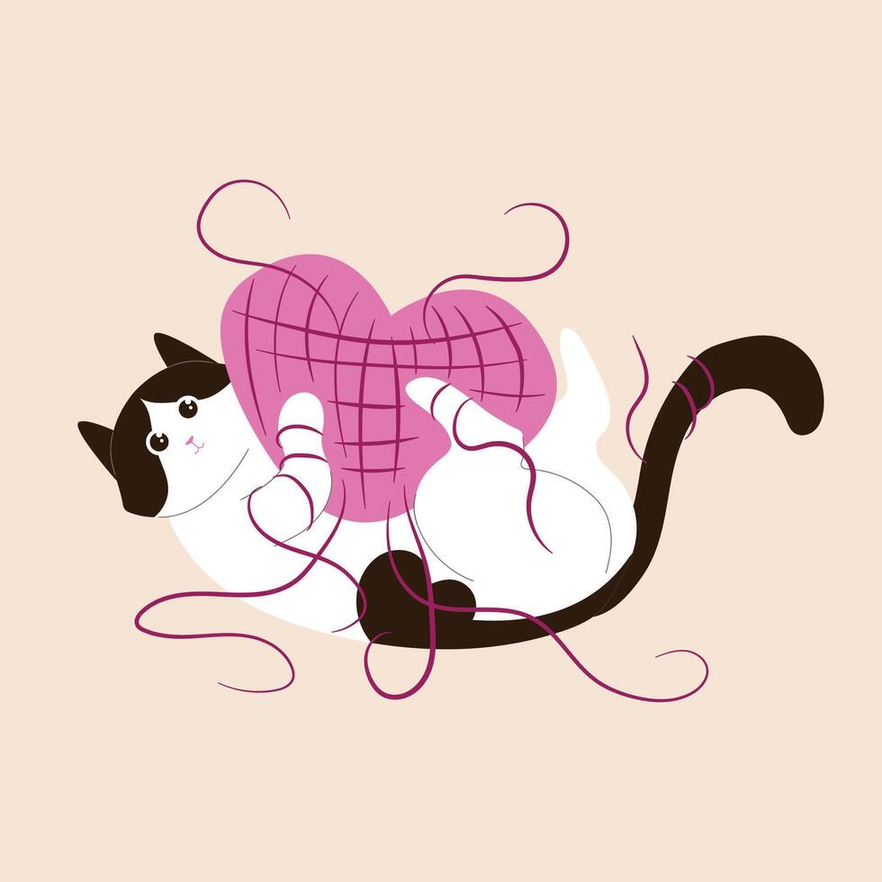 Tuxedo cat with a ball of thread in the shape of a heart in flat style. Design for Valentine day for postcard, banner, flyer. Isolated on a beige background. vector
