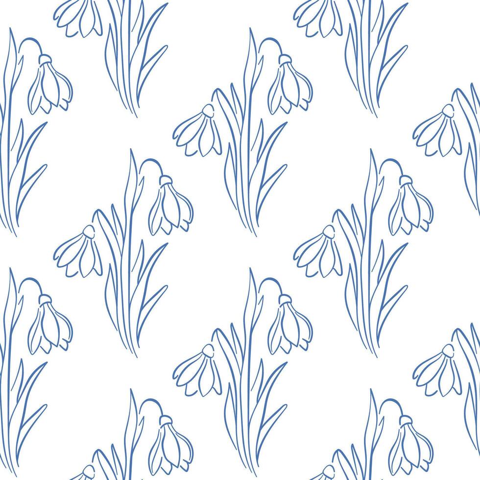 Snowdrops flower on white background seamless pattern in line art style. Floral print for spring design, wallpaper, postcard. vector