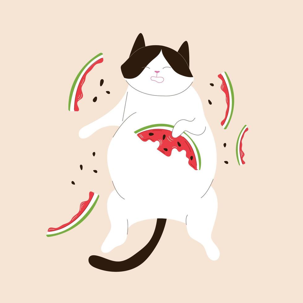 Tuxedo cat eat watermelon and is lying on his back surrounded by watermelon rinds and seeds in flat style. Summer design for postcard, banner and cloth. vector