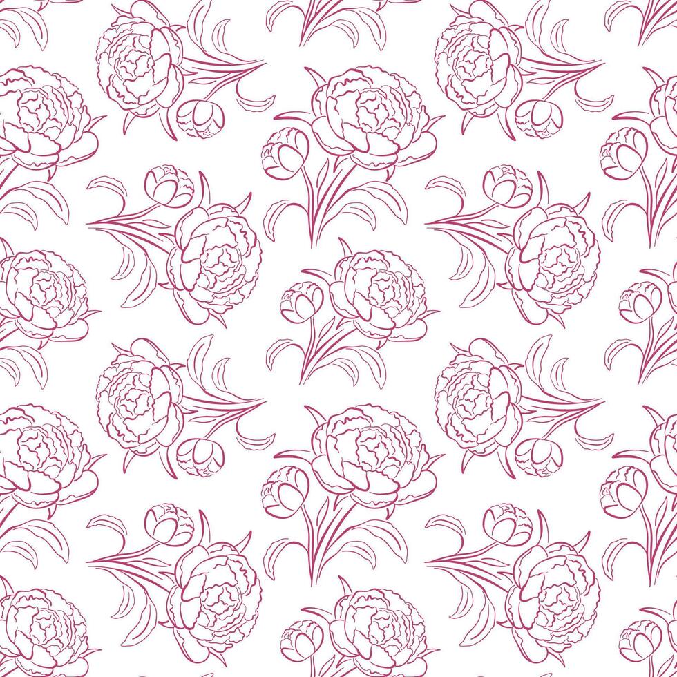 Pink peony seamless pattern in line art style. Design for web, wrapping paper, invitation, textile, fabric, postcard. Illustration on a white background. vector