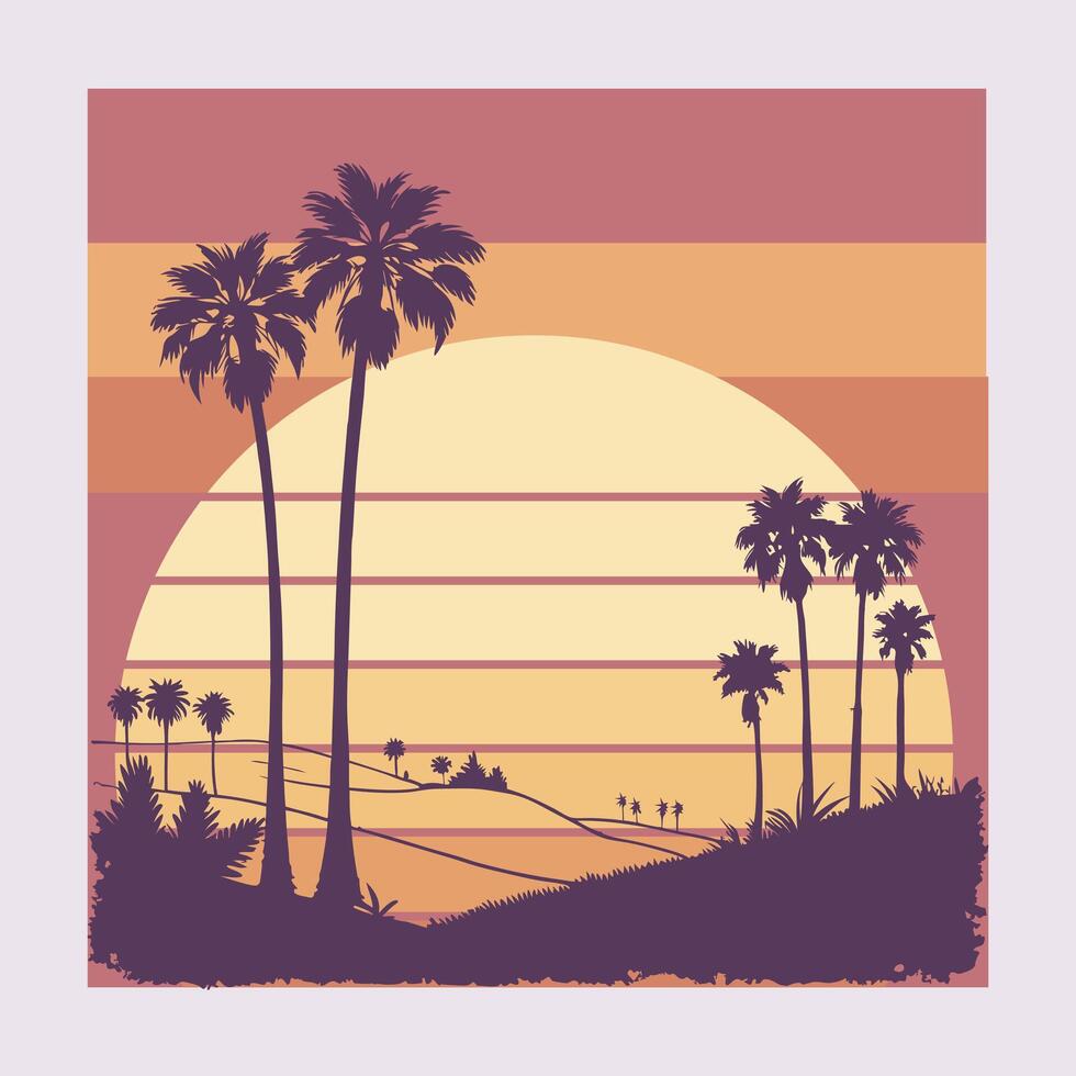 Vintage Paradise Retro Palm Tree Aesthetics. Vintage palm tree silhouette against a neon sunset. vector