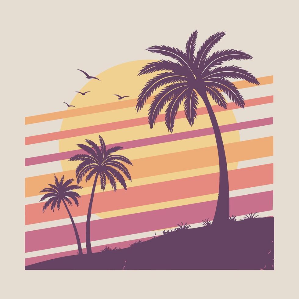 Palm Dreams, A Retro Sunset Escape. Tropical beach sunset with retro aesthetic vibes. vector