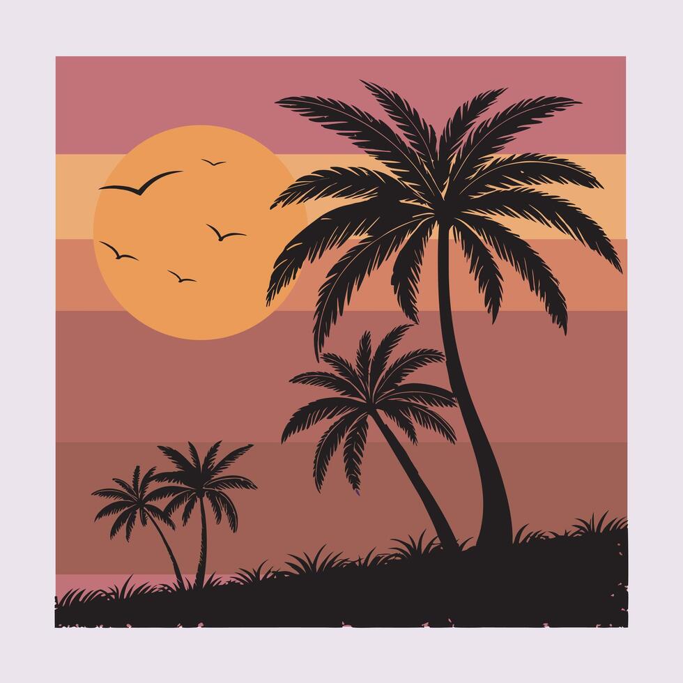 Nostalgic Tropics Palm Trees in Retro Style. Retro-themed tropical sunset with palm tree scene. vector