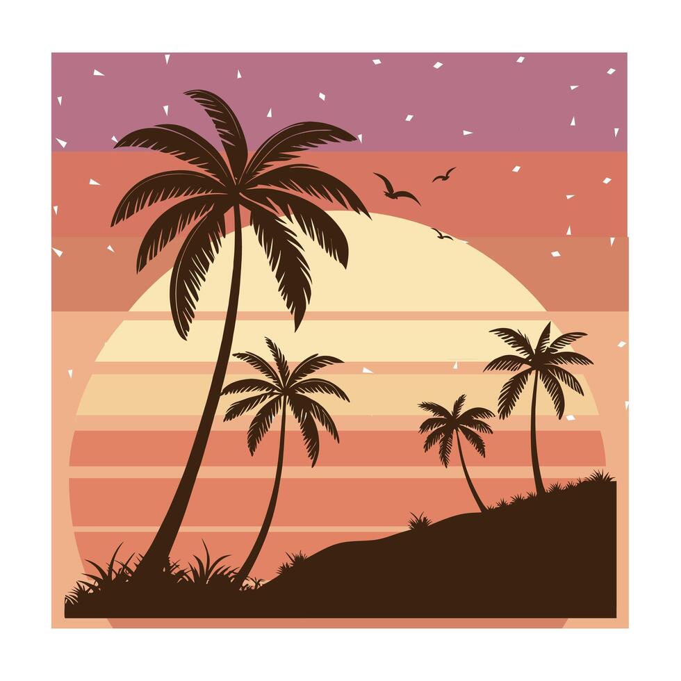 Retro Waves Palm Trees and Sunset Glow. 80s inspired tropical palm tree graphic design. vector