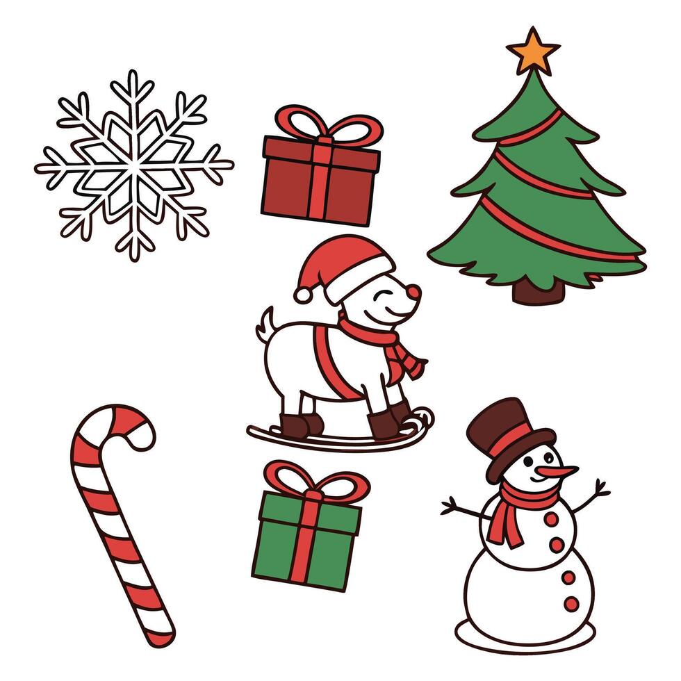 Colorring Christmas icon set about santa clause present christmas wreath vector