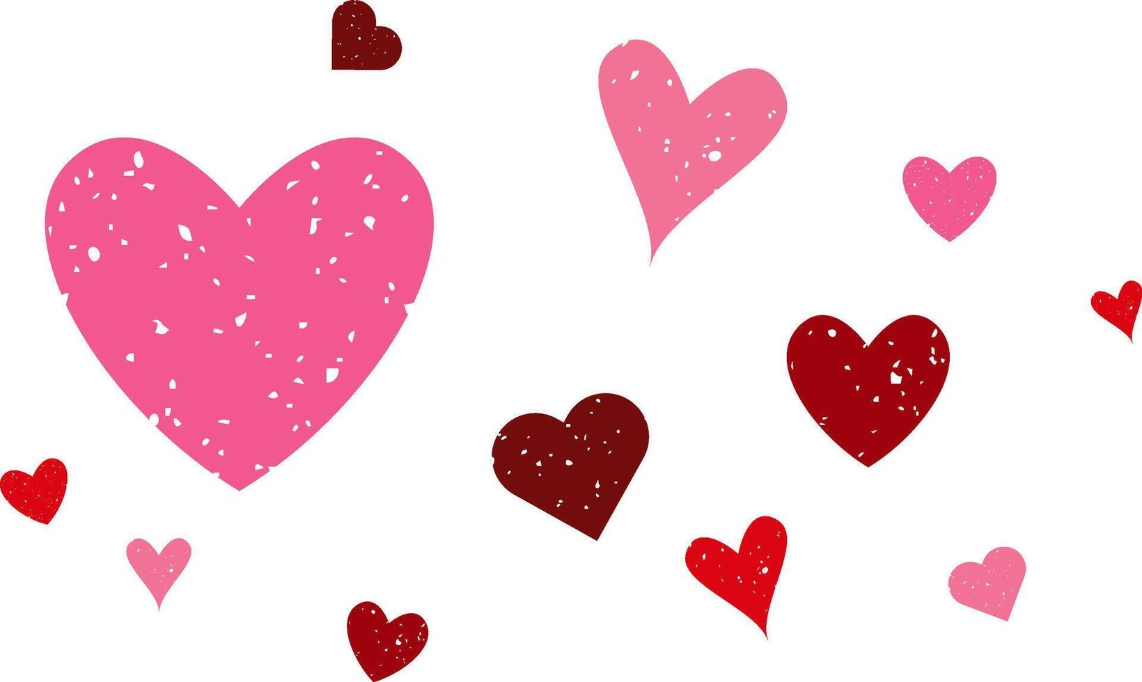 Set of red, pink and maroon hearts with rough texture isolated on white background vector