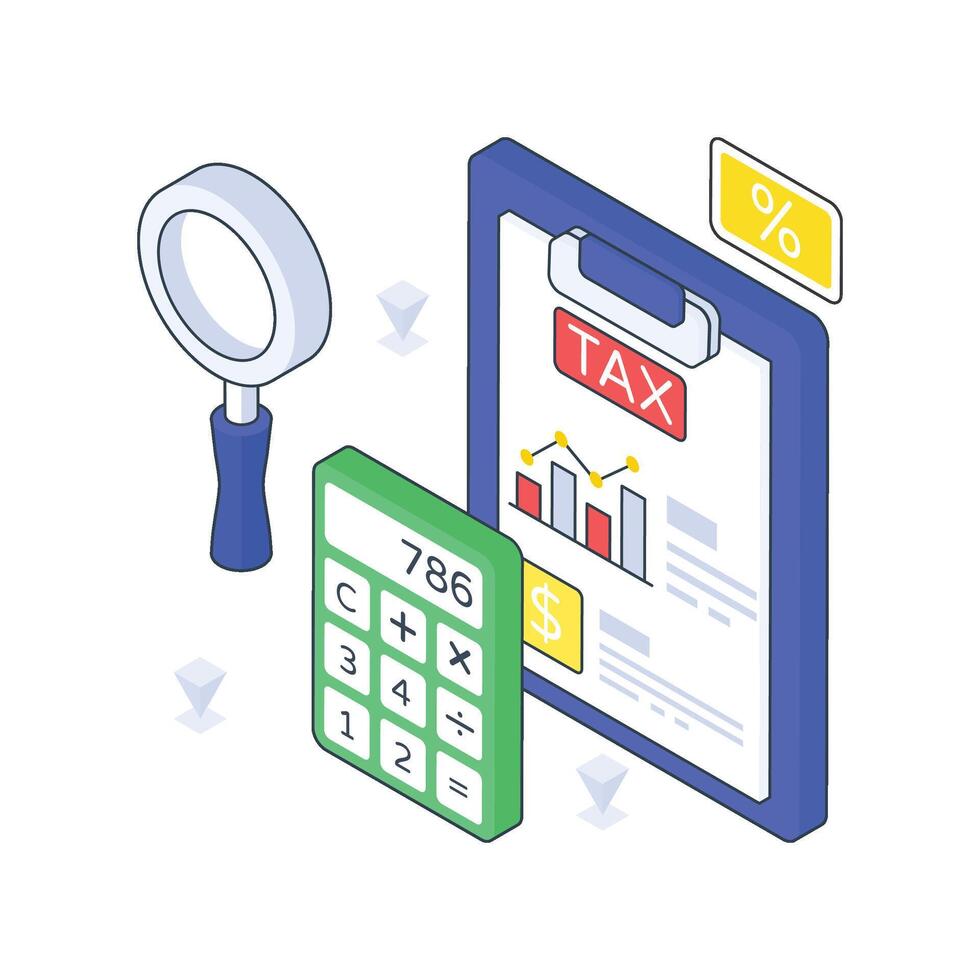 Tax Analysis calculator isometric Colored illustration. EPS File stock illustration vector