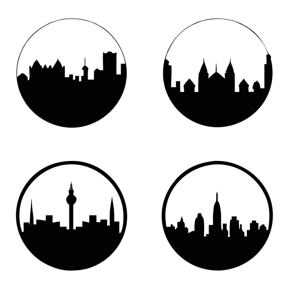 Circle Black Urban Skyline Silhouettes in Modern Circular Frames vector